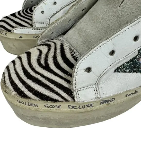 Golden Goose GGDB Hi Star Sneakers 37 7 Zebra Glitter Star Platform Distressed - Picture 8 of 14